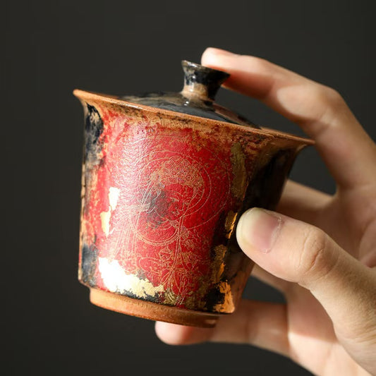 130ML Dunhuang Gilded Natural Mineral Clay Pottery Gaiwan & Tea Tasting Cup-No.153